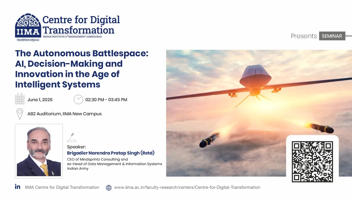 IIMA Centre for Digital Transformation seminar poster for The Autonomous Battlespace, with Brigadier Narendra Pratap Singh (Retd) as speaker