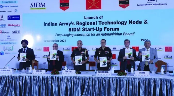 Stage at the launch of the Indian Army’s Regional Technology Node and the SIDM Start-Up Forum in Pune, 2 November 2021